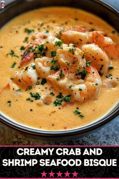 creamy crab and shrimp seafood bisque in a bowl with parsley garnish