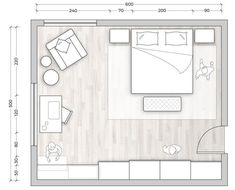 the floor plan for a small bedroom with a bed, couch and desk in it