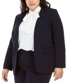 Fuss-free lines and an open silhouette flatter on this smart plus size blazer by Bar III. Shoulder pads structure the look for office-ready style.| Open neckline and front; no closure| Lined| Shoulder pads| Imported| | Pocket flaps at front Navy Blazer Outfits, Trendy Blazers, Core Wardrobe, Plus Size Blazer, Open Front Blazer, Style Savvy, Office Business, Womens Blazers, Blazer Outfits