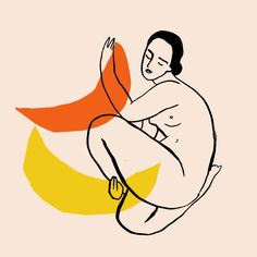 a drawing of a man sitting on top of a yellow and orange circle with his arms spread out