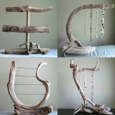 four different types of driftwood art with chains hanging from it's sides and the bottom