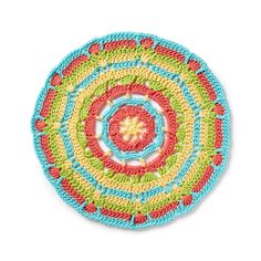 a colorful crocheted doily on a white background