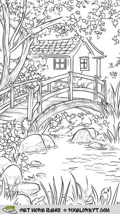 a drawing of a bridge over a pond with a house in the background and flowers around it