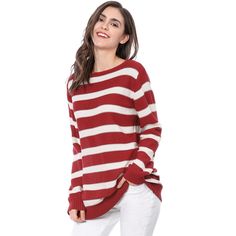 A wardrobe staple, this sweater offers a loose fit, perfect for daytime outfitting. This layer is simply shaped with a round neck and full-length sleeves. With a timeless stripe to finish, it is great to be paired with anything from smart separates to distressed denim for an effortless everyday style. Fit for autumn, you can wear this cute sweater to keep warm. Red Oversized Crew Neck Sweater, Oversized Red Sweater For Layering, Round Neck Sweaters, Loose Sweater, Cute Sweaters, Tunic Sweater, Knitted Pullover Sweaters, Chic Woman, Striped Sweater