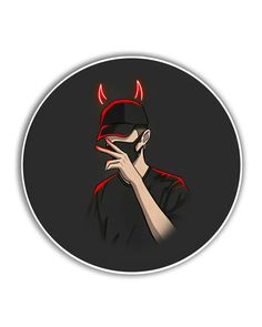 a sticker with the image of a person wearing a devil hat and holding their hands to his face