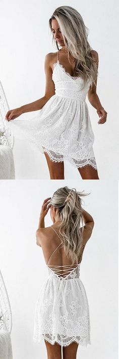 Wedding Mini Dress With Lace Bodice And Spaghetti Straps, Elegant Mini Dress With Spaghetti Straps For The Beach, Wedding Lace Dress With Spaghetti Straps And Lace Back, Spaghetti Strap Lace Dress With Lace Back For Wedding, Lace Back Wedding Dress With Spaghetti Straps, White Dresses With Lace Bodice And Spaghetti Straps, Elegant White Lace Dress With Spaghetti Straps, Summer Dress With Lace Back And Sweetheart Neckline, Summer Dress With Sweetheart Neckline And Lace Back