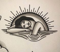 a drawing of a woman laying in the water with her eyes closed and sun above her head