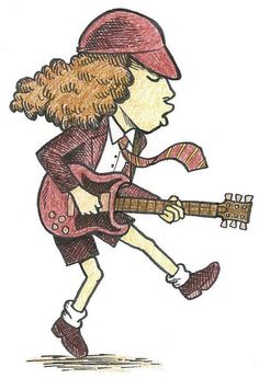 a drawing of a girl playing a guitar and wearing a red hat with her hair blowing in the wind