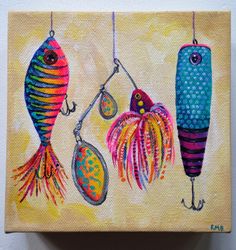 three colorful fish hanging from hooks on a yellow background, painted with acrylic paint