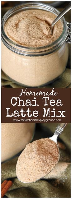 homemade chai tea latte mix in a glass jar with a spoon on top