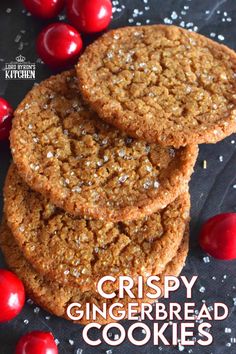 three crispy gingerbread cookies with cherries on the side and text overlay