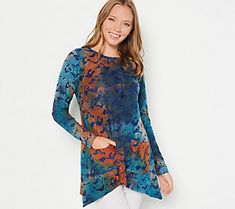 Touched by youthful tie-dye print, this knit long sleeve top is all you need to feel bright and beautiful. From LOGO by Lori Goldstein®. Casual Long Sleeve Tops With Abstract Print, Casual Abstract Print Tops For Fall, Trendy Tie Dye Long Sleeve Top, Patterned Relaxed Fit Top For Fall, Relaxed Fit Patterned Tops For Fall, Fall Patterned Relaxed Fit Tops, Tie Dye Long Sleeve Tops For Winter, Tie Dye Stretch Long Sleeve Tops, Stretch Tie Dye Long Sleeve Tops