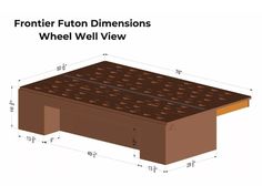 the front and side view of a wooden table with measurements for wheels on each side