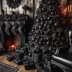 a black christmas tree in a living room