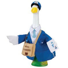 a statue of a bird wearing a blue suit and hat with a name tag on it's head