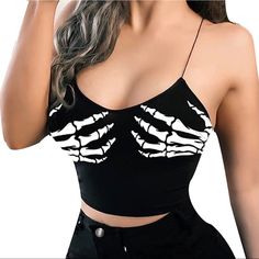 Awesome Crop Tank Perfect For Keeping Cool While Looking Hot! These Skeleton Hands Have Your Summer Wardrobe Needs Covered! S, M, Or L - See Pics For Measurements. Punk, Gothic, Emo, Grunge, Monster, Skull, Skulls, Bones, X-Ray, Undead, Ghoul, Heavy Metal, Pinup, Pin-Up, Festival, Cruise, Gory, Scary, Creepy, Killstar, Iron Fist, Hot Topic, Dolls Kill, Sourpuss, Voodoo Vixen. Sleeveless Stretch Top With Skull Print, Stretch Sleeveless Top With Skull Print, Edgy Fitted Top For Halloween, Fitted Sleeveless Top With Skull Print, Fitted Casual Halloween Tops, Fitted Casual Tops For Halloween, Halloween Fitted Crop Top, Fitted Skull Print Summer Tops, Fitted Skull Print Top For Summer