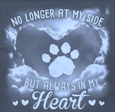 an image of a dog paw in the clouds with text that says, no longer at my side but always in my heart