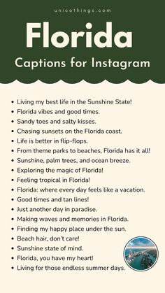 Looking for the perfect Florida Captions for Instagram? Whether you’re enjoying the sunny beaches, exploring vibrant cities, or experiencing the fun attractions, these captions will capture the essence of your Florida adventure. 

What’s your favorite Florida spot? Share it in the comments and let’s celebrate the Sunshine State together! Insta Caption, Florida Adventures, Instagram Captions Clever, Key To Happiness