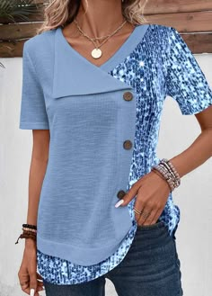 Casual Asymmetrical Patchwork Blouse, Fitted Blue Patchwork Blouse, Cotton Top With Patchwork And Asymmetrical Hem, Blouse Size Chart, Sequin Blouse, Mode Casual, Stylish Sweaters, Graduation Outfit, Weekend Style