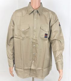 KK Fire resistant shirt is a comfortable choice. The shirt is made of 7 ounces of 100% cotton. This collared shirt has snap buttons, two chest pockets with flaps and snaps, and long sleeves with cuffs that have snap buttons. The shirt is compliant with: NFPA 2112-2012, NFPA70EHRC2 , ASTMF 1506, ARC RATING (ATPV) 18, UL Certified. Classic Khaki Cotton Shirt, Long Sleeve Cotton Shirt With Snap Buttons, Khaki Cotton Tops With Snap Buttons, Khaki Cotton Shirt For Outdoor, Khaki Cotton Outdoor Shirt, Long Sleeve Cotton Tops With Snap Buttons, Cotton Long Sleeve Tops With Snap Buttons, Khaki Long Sleeve Cotton Shirt, Khaki Cotton Long Sleeve Shirt