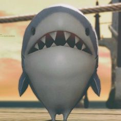 a cartoon shark with its mouth open standing in front of a boat