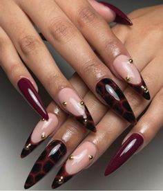 Nails 2024 Fall Designs, Square And Coffin Acrylic Nails, Minimal Elegant Nails, Fall Acrylic Nails Stiletto, Pretty Long Nails Ideas, Dark Cherry French Tip Nails, Fall Color Nails Autumn Gel Designs, Almond Girly Nails, Cool Dark Nails