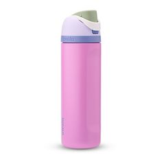 thermos insulated water bottle in pink and blue is shown on a white background