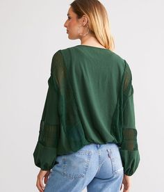 Women's Pieced Gauze Top In Green By Daytrip., Women's Pineneedle Semi-sheer ribbed knit lace-up top Elasticized cuffs and waistband Bust measures 43 on size small Body length 22 on size small. Self: 94% Polyester 6% Spandex. Contrast: 100% Polyester. Hand wash cold separately. Do not bleach. Lay flat to dry. Iron on low if necessary.. Measurements: Bust -Fullest part of bust with arms at sides. Waist -Circumference of natural waist: above belly button below rib cage. Hips -Standing with feet to Green Long Sleeve Top With Sheer Sleeves, Green Long Sleeve Tops With Sheer Sleeves, Fall Sheer Sleeves V-neck Tops, Casual Tops With Sheer Sleeves For Spring, Gauze Top, Knit Lace, Women Shirts Blouse, Top For Women, Rib Cage