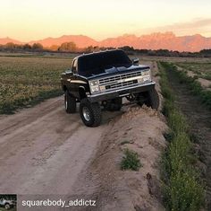 a black truck driving down a dirt road in the middle of a field with mountains in the background