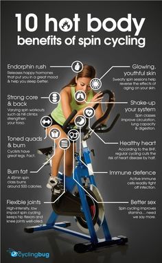 a woman is riding an exercise bike with the words, 10 hot body benefits of spin cycling