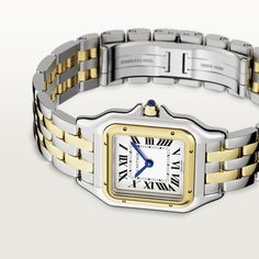 CRW2PN0007 - Panthère de Cartier watch - Medium model, quartz movement, yellow gold, steel - Cartier Cartier Panther, Blue Spinel, Cartier Panthere, Cartier Tank, Cartier Watch, Yellow Gold Bracelet, Online Jewelry Store, Steel Watch, Watch Collection