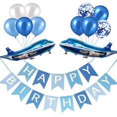 a happy birthday banner with blue and white balloons in the shape of a boat on water