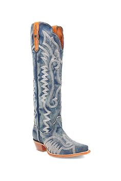 Denim upper Ultimate Flex insole Leather sole Snip toe Side zip Imported | Denim Darlin' Boots by Dan Post in Blue, Women's, Size: 7, Leather at Anthropologie Dan Post, Denim Boots, Shoe Shop, Side Zip, Anthropologie, Heel Height, Size 7, Size 6, Luxury Fashion