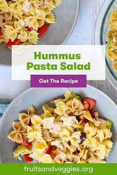 two bowls filled with pasta salad and the words hummus pasta get the recipe on top