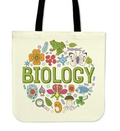 a white tote bag with the words biology surrounded by colorful doodles and flowers