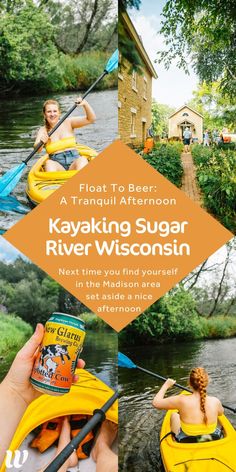 two people in kayaks with the caption saying float to beer, kayaking sugar river wisconsin next time you find yourself in the madison area