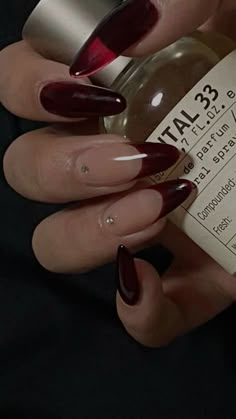 Very Dark Red Nails, Fall Red Almond Nails, Nails For Dark Red Dress, Burgundy Wedding Nails Brides, Deep Red Nails Designs Burgundy, Red And Black Nails Simple, Different Red Nails, Red Nails With Black French Tip, Nail Inspo Red And Black