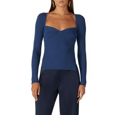 Blue knit (90% Viscose, 10% Polyester). Top. Long sleeves. Sweetheart neckline. 19" from shoulder to hemline. Imported. Sweetheart Neckline Long Sleeve, Criss Cross Sweater, Long Sleeve Wrap Top, Rib Knit Top, Rib Knit Cardigan, Shrug Cardigan, Chenille Sweater, Rent The Runway, Knit Turtleneck Sweater