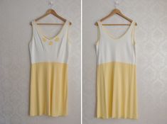 "Super sweet pastel yellow sleep dress/ nightie with floral lace detailing. So adorable! Condition: Excellent. Ready to wear. Very light fabric imperfection due to nature of the natural fabric. Material: Viscose Size: No tag, estimated modern size - M, EUR 40-42, UK 12-14, USA 8-10 Measurements (laying flat and doubled): Bust: 39.3\"/ 100 cm Waist: 33\"/ 84 cm Hips: 40.55\"/ 103 cm Length (shoulder to hem): 40\" / 102 cm Color of product may vary compared to photo due to lighting. Please measure Cream V-neck Sleepwear For Summer, Yellow Summer Sleep Dress, Cream Nightgown For Summer, Spring Yellow Nightgown For Loungewear, Fitted Cream Sleepwear For Summer, Yellow Spring Dresses For Loungewear, Sleeveless Cream Sleepwear For Spring, Yellow Loungewear Dresses For Spring, Yellow Summer Nightgown For Sleep