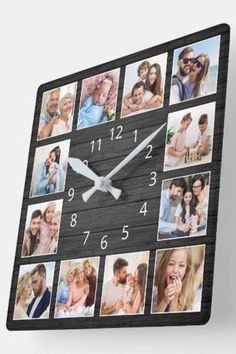 a square clock with many photos on the front and sides, showing different times for each photo