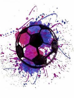 a soccer ball painted in purple and black on a white background with splatters