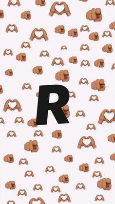 the letter r is surrounded by elephants and heart shaped hands in black on a white background