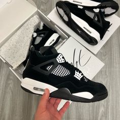 Brand New Authentic White And Black Jordans 4s, Trending Womens Shoes Sneakers, All Black Jordan 4’s, Jordan 4s White Thunder, Expensive Sneakers For Men, Black And White Jordan 4’s, Pretty Sneakers For Women, Shoe Game For Women, Cute Jordan 4