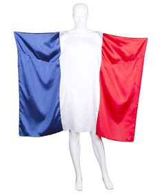 a white mannequin holding two red and blue flags