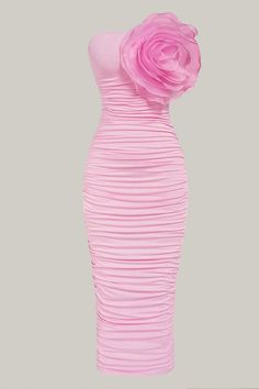 Pink Bodycon Dress Outfit Casual, Fitted Dresses With Rose Detail, Pink Stretch Feminine Midi Dress, Feminine Pink Stretch Midi Dress, Fitted Evening Dresses With 3d Flowers, Feminine Ruched Midi Bodycon Dress, Pink Ruched Bodycon Dress For Evening, Feminine Ruched Bodycon Evening Dress, Pink Bodycon Midi Dress For Spring