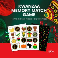 kwanza memory match game with four matching cards and 4 back - side pages for each card