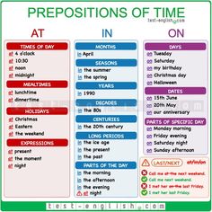 Prepositions 'in', 'at', 'on' of time English Exam, English Test, English Language Teaching, English Writing Skills