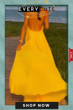 Yellow Sexy Casual Solid Backless Halter Long Dress Dresses Backless Dress For Night Out In Summer, Beach Season Party Backless Maxi Dress, Evening Backless Beach Dress, Backless Evening Dresses For Beach Season, Solid Color Backless Beach Dress, Non-stretch Backless Beach Dress, Summer Party Backless Solid Color Dress, Summer Party Solid Color Backless Dress, Summer Party Backless Dress In Solid Color