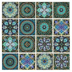 nine blue and green tile designs on a white background, each with an intricate design