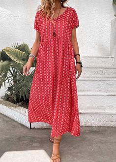 Casual Red A-line Maxi Dress, Red Non-stretch Short Sleeve Midi Dress, Red Non-stretch Casual Dress, Casual Red Non-stretch Dress, Red Short Sleeve Midi Dress, Short Sleeve Red Midi Dress, Red Bohemian A-line Maxi Dress, Casual Red Printed Maxi Dress, Red Floral Print Short Sleeve Maxi Dress